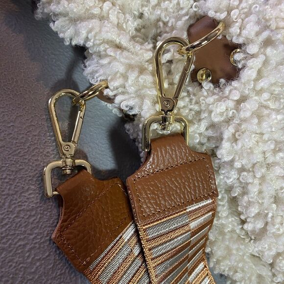 Sherpa Leather Womens Hobo Bag Cream Brown Gold Accents Plush Made in Italy - Picture 14 of 16